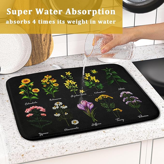 Black Flower Herbs Dish Drying Mat 16x18 Inch Botanical Floral Microfiber Drying Mats with Hanging Loop Foldable Absorbent Dish Drainer Rack Pad