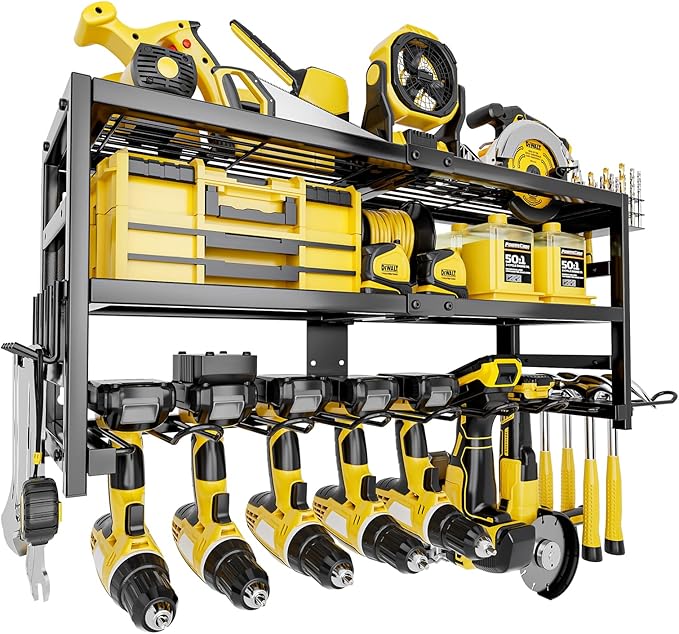 SEENWUUN Power Tool Organizer Wall Mount Heavy Duty 320 lbs, 3 Layers Storage Rack with 9 Drill Holders & Battery Storage, cordless tool organizer for Garage, Workshop & Tool Room