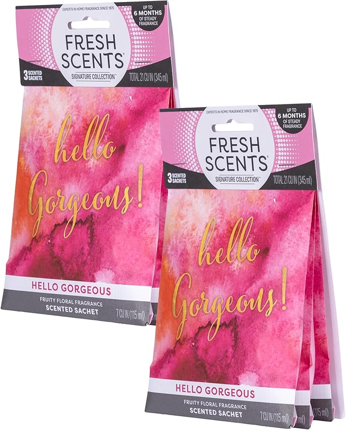 Fresh Scents Scented Sachets | Hello Gorgeous | Home Fragrance | Long Lasting (Up to 6 Months) | Air Freshener for Closets, Drawers, & Cars | 6 Pack