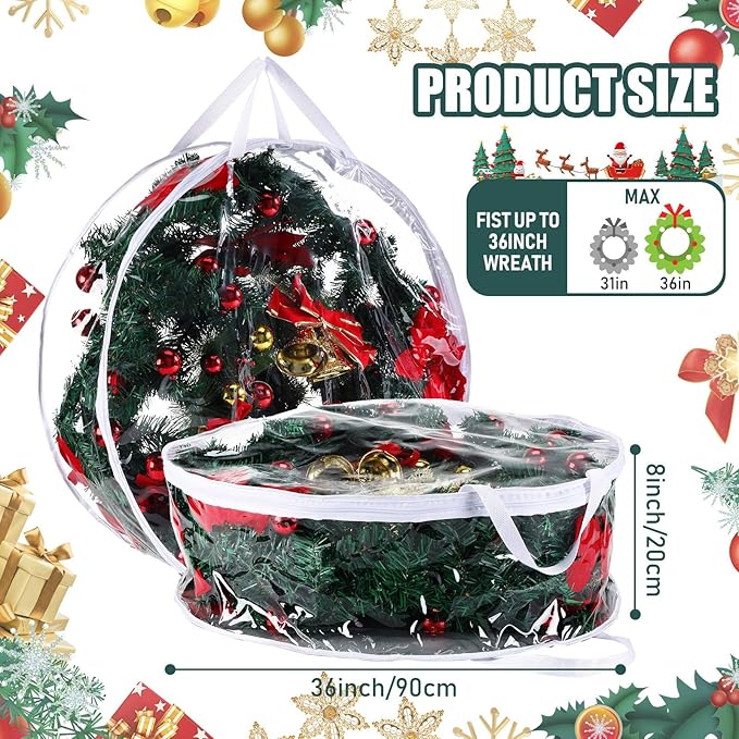 Shappy 4 Pcs 36 Inch Christmas Wreath Storage Container Clear Wreath Storage Bags PVC Waterproof Garland Bags with Clear Window Dual Zippers and Handles for Xmas Holiday Artificial Garland (White)