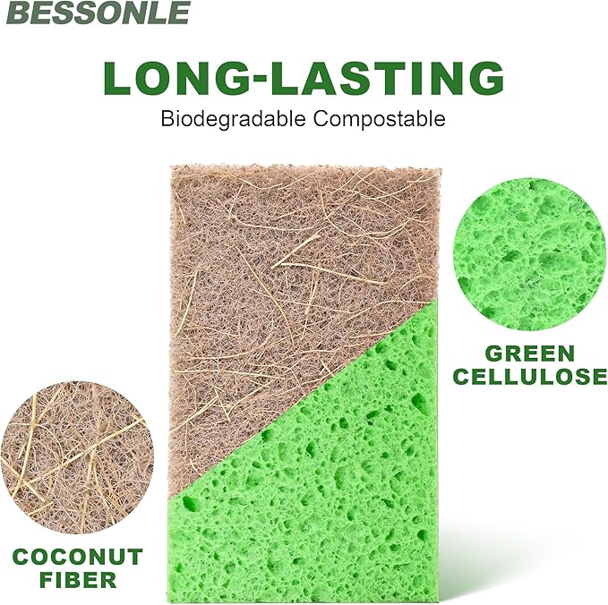 BESSONLE 10 Pack Biodegradable Natural Sponges Kitchen - Compostable Cellulose and Coconut Walnut Scrubber Sponge - Eco Friendly Sponges for Dishes