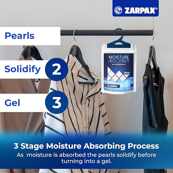Zarpax Moisture Absorber Sachets Activated Charcoal 7.5 oz/212g - Remove Excess Moisture In Air & Odor - Desiccant Dehumidifier for Closet, Drawer, Storage - Dampness & Humidity Control - Set of 5