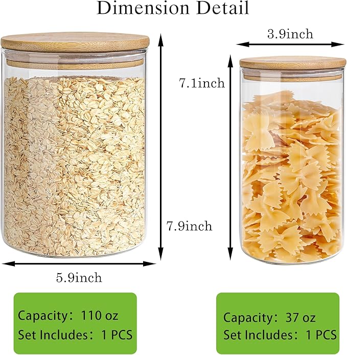 EQEY Glass Storage Jars Set Elegant Containers with Airtight Bamboo Lids, Perfect for Kitchen Organization - Flour, Rice, Pasta, Sugar, Coffee Beans, Accessories Included (2 packs(37oz / 110oz))