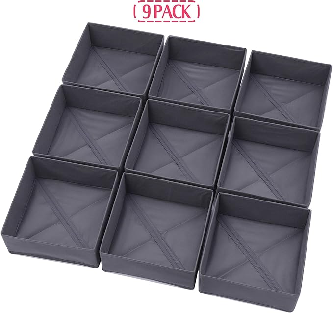 DIOMMELL 9 Pack Foldable Cloth Storage Box Closet Dresser Drawer Organizer Fabric Baskets Bins Containers Divider for Clothes Underwear Bras Socks Clothing, Dark Grey 900