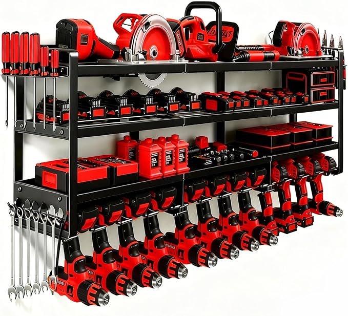 CRELYSTER 50" W Large Power Tool Organizer Wall Mount, Load 600lbs, 4 Layer Heavy Duty 12 Cordless Drills Holder, Battery Tool Storage Rack for Workbench, Workbench,Garage,Shed