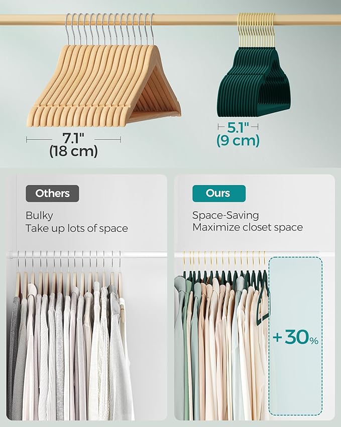 SONGMICS Velvet Hangers 50 Pack, Non-Slip Clothes Hangers, Suit Hangers with Shoulder Notches, Pants Bar, 360° Swivel Hook, Space-Saving, for Closet, Forest Green UCRF029C05