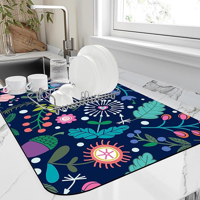 Kitchen Mat Beautiful Floral Dish Drying Mat 12"x19" Bsorbent Coffee Maker Mat for Sink Dishes or Under Rack Kitchen Counter Accessories Absorbent Hide Stain Rubber Backed Dish Drying Pad