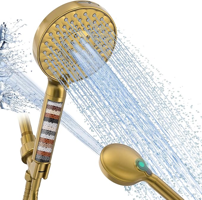 Filtered Shower Head with Handheld, High Pressure 9 Spray Mode Brushed Gold Showerhead with Filters, Detachable Shower Head, Water Softener Filters Beads for Hard Water - Remove Chlorine