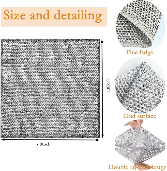 xingjieyun 10-Pack Double-Layer Dry/Wet Dual-Use Metal Wire Non-Scratch Cloth Multi-Purpose Magic Cleaning Cloth Silver Wire Dish Cloth for Cookware, Tableware, Sink, Stove Cleaning, etc.(10PCS)