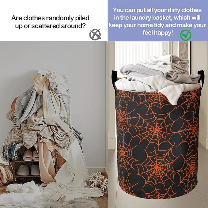 Halloween Spider Web Laundry Hamper Large Canvas Fabric Lightweight Storage Basket/Dirty Clothes Collapsible Waterproof for College Dorms, Boys and Girls Bedroom,Bathroom