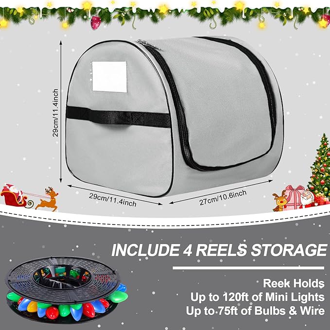 Christmas Light Storage Bag - Tear Proof 600D Oxford Fabric/Internal PVC Material with Reinforced Handles - With 4 Reels Stores up to 500 Ft Holiday Mini Christmas Tree Lights & Extension Cords,Gray