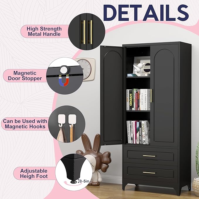 Pantry Kitchen Cabinet with Drawer, 75" Tall Pantry Storage Cabinet, Metal Storage Cabinets with Doors and Shelves, Large Freestanding Cupboard for Dining Room, Assembly Required, Black