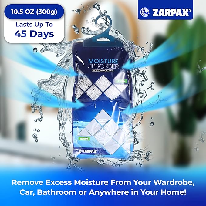ZARPAX Hanging Moisture Absorber Activated Charcoal 10.6 oz/300g | Moisture Absorbing Bags for Bathroom, Closet & Kitchen | Removes Moisture, Humidity & Odors | Portable Dehumidifier | Set Of 10