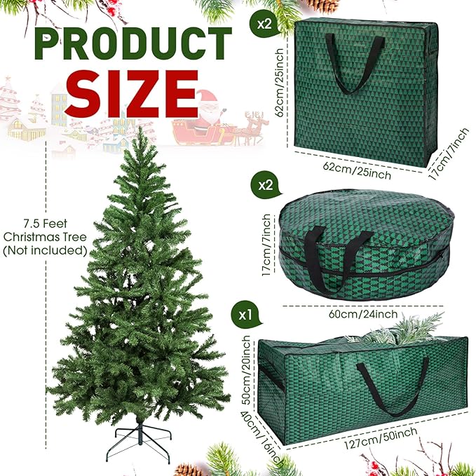 5 Pack Christmas Storage Bags Green, 7.5 Ft Large Christmas Tree Stand Bag, 24" Wreath Containers and 25" Garland Packing Tote Bags with Handle Zipper for Artificial Xmas Tree Wreath Garland