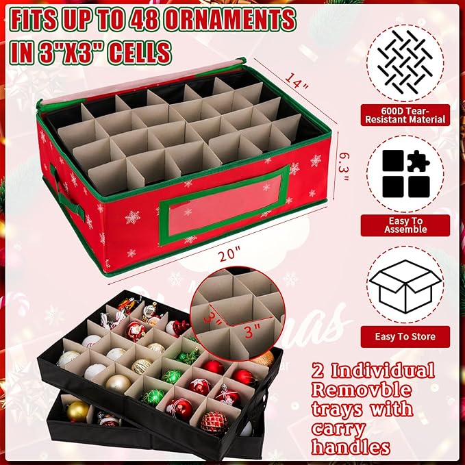 Hysagtek Ornament Storage Box, Underbed Christmas Ornament Storage Container with Dividers, 2 Removable Trays for 48-3” Ornaments, Christmas Storage Containers with Handles for Holiday Decorations