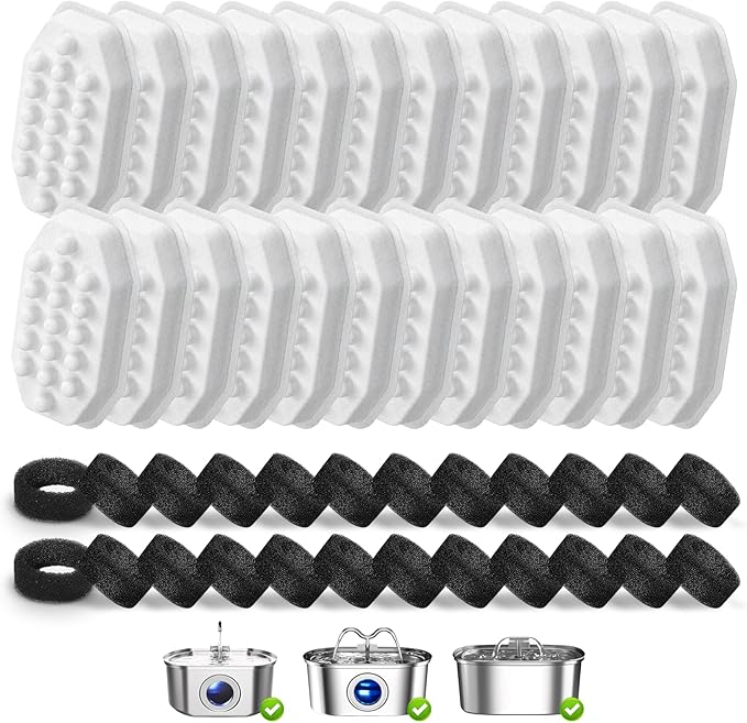 48 Pack Cat Water Fountain Replacement Filters & Pre-Filter Sponges, Includes 24 Filters & 24 Sponges for 108oz/3.2L Stainless Steel Pet Fountains – Compatible with Rellaty & Neareal