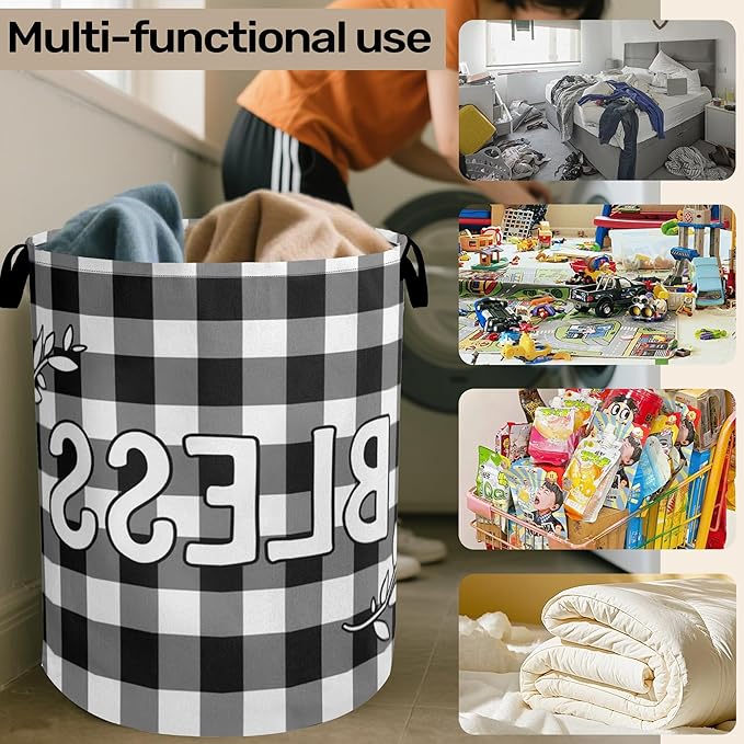 Checkered Bless Laundry Basket, Black White Foldable Laundry Hamper, Waterproof Fabric Storage Basket with Handles, Clothes Hampers for Laundry,Bedroom,Dorm
