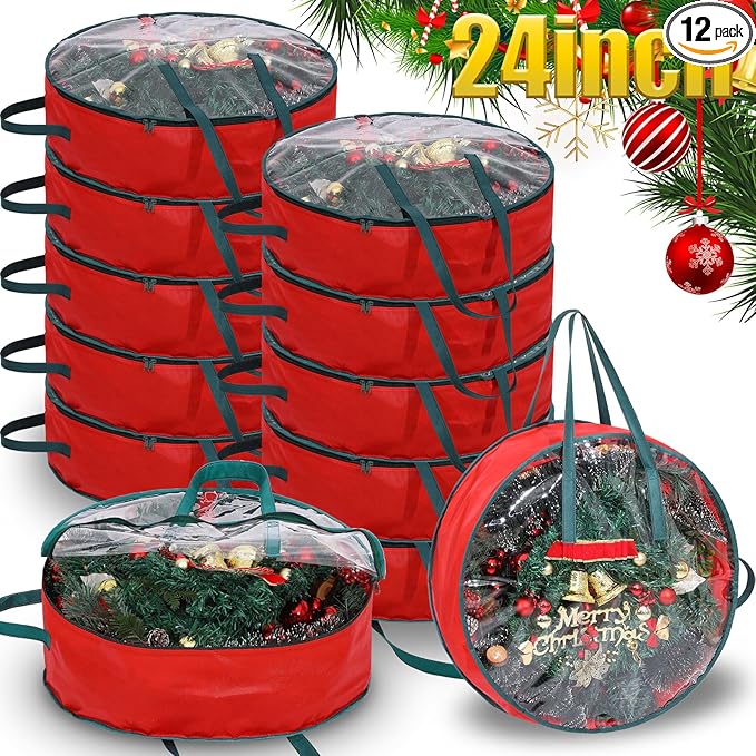 Shappy 12 Pcs Christmas Wreath Storage Bag Clear Wreath Box Wreath Storage Containers with Clear Window and Handle Christmas Garland Storage Containers for Xmas Holiday Seasonal Storage (24 Inch)