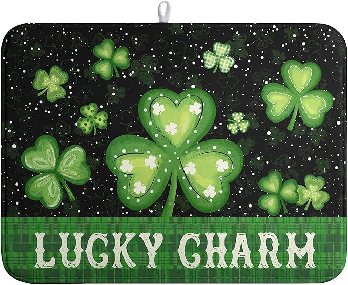St Patricks Day Spring Dish Drying Mats St Patrick's Day Lucky Dish Mat Shamrock Drying Matt Dishes Dryer Pad for Kitchen Counter Absorbent Microfiber Washable Foldable Reusable 18x24 in