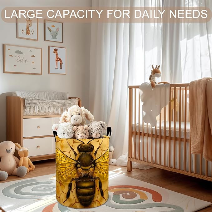 Bee Laundry Basket Hamper 19.7"x15.8", Honey Bee Foldable Waterproof Oxford Clothes Storage Bucket for Room Bathroom Bedroom Nursery Decor, Toy Organizer Bins Gifts for Kids Boys Girls
