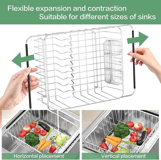 SwetLao Large Sink Dish Drying Rack, Expandable 304 Stainless Steel Metal Dish Drainer Rack Organizer Shelves with Stainless Steel Utensil Holder Over Inside Sink, Rustproof