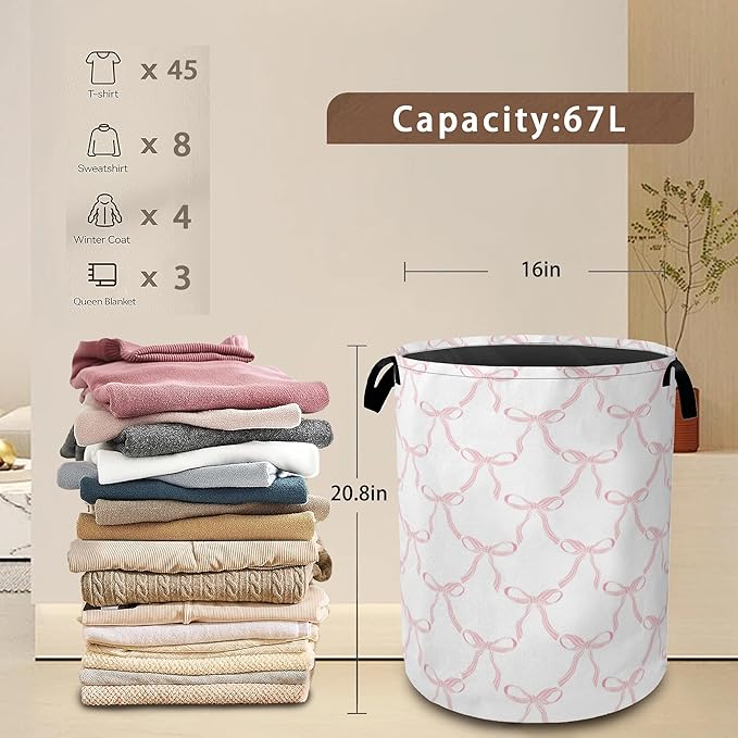 Cute Pink Bows Collapsible Laundry Baskets,Laundry Hamper,Storage Basket with Handles for Bathroom Bedroom College Dormitory Living Room Nursery Organizer 16"x20"