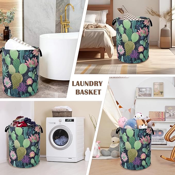 Blooming Cactuses Laundry Hamper,Collapsible Laundry Baskets,Tropical Succulents Dirty Clothes Baskets with Handles,Oxford Cloth Hamper for Bedroom,Bathroom,College Dorms, 16"x20"