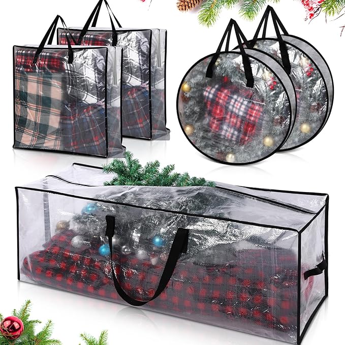 5 Pack Christmas Storage Bags, 7.5 Ft Christmas Tree Large Bag, 24" Wreath Containers and 25" Garland Packing Tote Moving Bags with Handle Zipper for Artificial Xmas Tree Wreath Garland