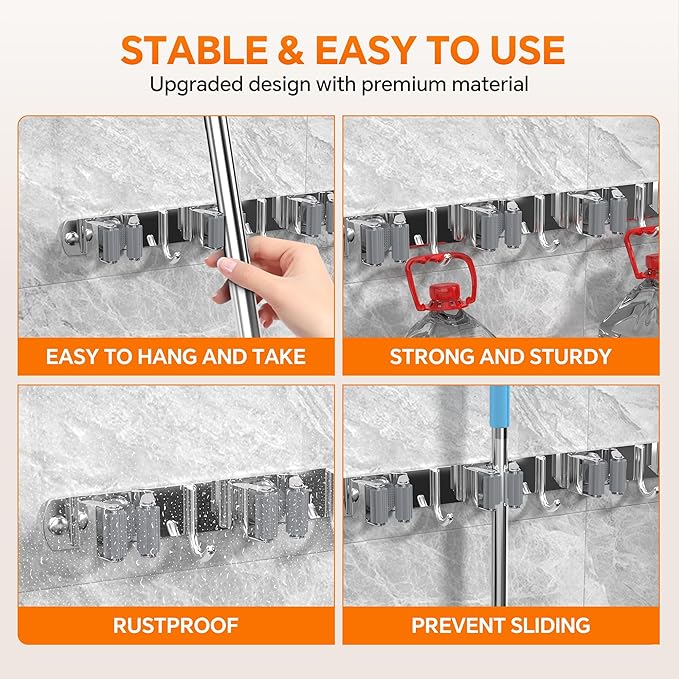 5 Grippers Broom Holder Wall Mount with 4 Hooks Stainless Steel Mop and Broom Organizer Self Adhesive or Screw Fixing for Garden Tool Rack Closet Laundry Room Kitchen Garage Storage Utility Hook
