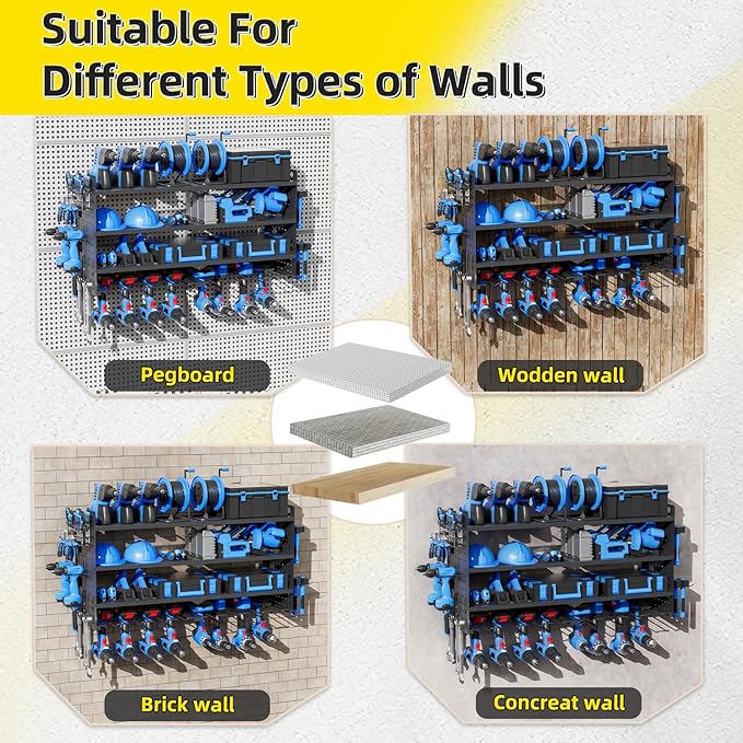 Power Tool Organizer Wall Mount with Charging Station, 4 Layers 8 Drill Holder, Heavy Duty Storage Utility Racks, Supports 600 lbs,Battery Shelf for Garage and Workbench (32 Inch 8 Drills Holder)