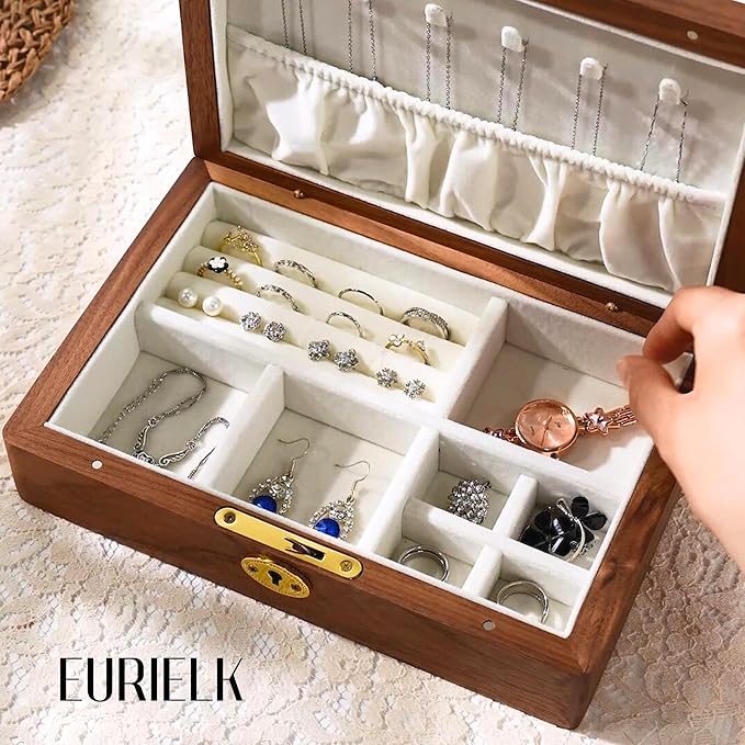 Wooden Jewelry Box for Women, Lockable Medium Size Natural Solid Walnut Wood Vintage Trinket Organizer with Large Storage, Ring Compartments, Built in Necklace Hooks, ek09-m-walnut