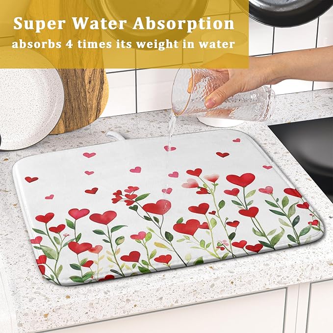 Valentines Day Dish Drying Mat for Kitchen Counter 18x16 Inch Green Red Heart Drying Mat with Absorbent Reversible Microfiber Holiday Love Dish Drainer Mats Rack Pad for Coffee Countertop Protector