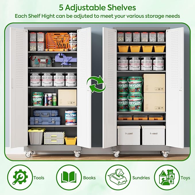 71" Metal Storage Cabinet with Wheels and Pegboard, Lockable Rolling Steel Storage Cabinet with 5 Adjustable Shelves and Door for Garage, Office, Kitchen, Assembly Required（Grey and White）