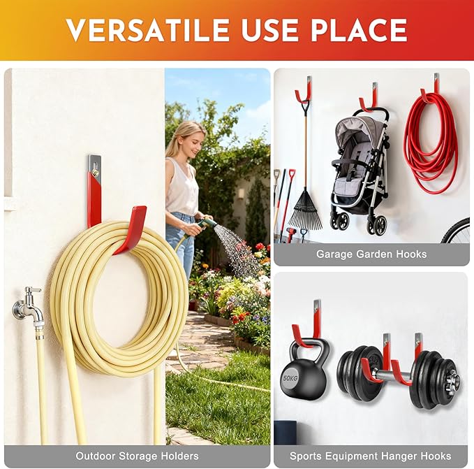 Garage Wall Hooks for Hanging Heavy Duty, 4 Pack Garage Organizer Storage Hooks Wall Mount for Garden Hoses, Brooms, Ladders, Garage Storage