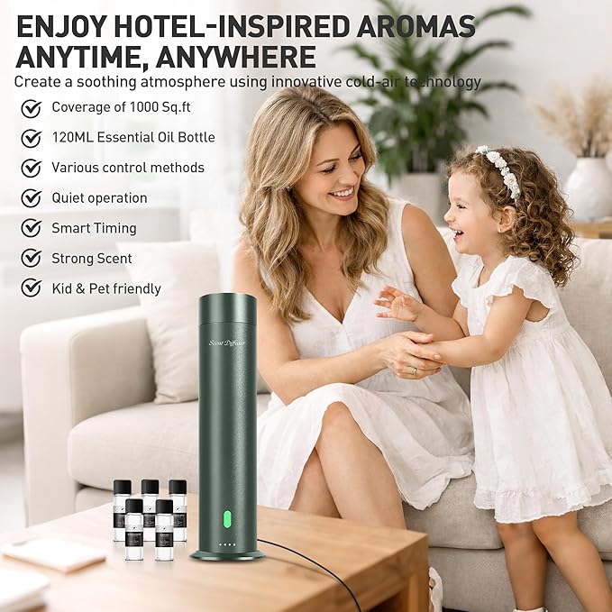 Waterless Scent Diffuser Starter Kit - 1000 Sq Ft Coverage, Hotel Scent Diffuser, Essential Oil Diffuser Large Room, Included 5 Scent Oils, Remote Control, SandGreen