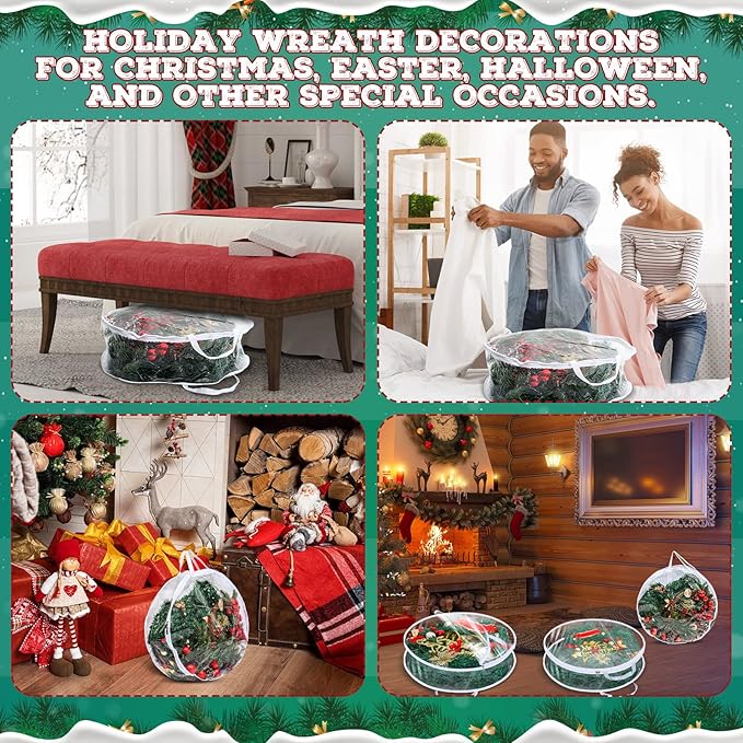 Zhengmy 4 Pack 30" 24" Wreath Storage Container Clear Christmas Wreath Storage Bags with Handle and Dual Zipper Plastic Decorative Garland Protector for Xmas Seasonal Holiday(White)
