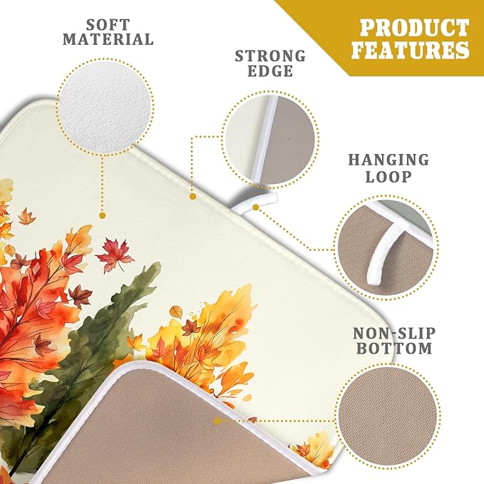 Fall Maple Leaves Dish Drying Mat for Kitchen Counter 18x16 Inch Watercolor Autumn Drying Mat with Absorbent Reversible Microfiber Orange Dish Drainer Mats Rack Pad for Coffee Countertop Protector