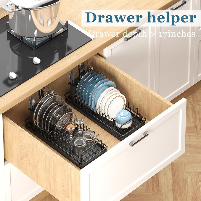 XYZLVSI Compact Small Dish Rack Sink Drying Rack with Silicone Mat, Stainless Steel Dish Drainer for Kitchen Cabinet, Kitchen Sink Rack,Dish Holder, Black