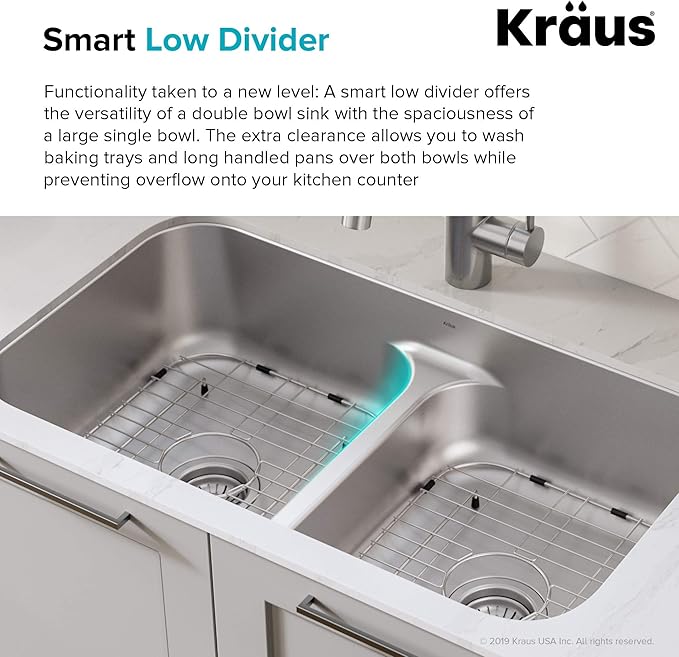 KRAUS Premier 32-inch Undermount 50/50 Double Bowl Low Divider 18-Gauge Stainless Steel Kitchen Sink with Strainers (x2), KBU32