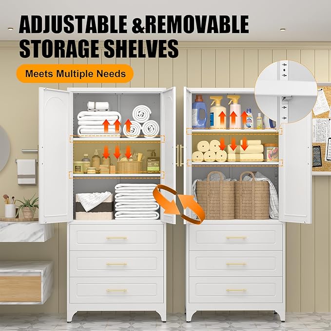Metal Storage Cabinet with Doors and Shelves, 75" Tall Kitchen Pantry Storage Cabinets with 3 Drawer, White Food Pantry, Steel Office Cabinet, Large Cupboard, for Kitchen, Dining, Living Room