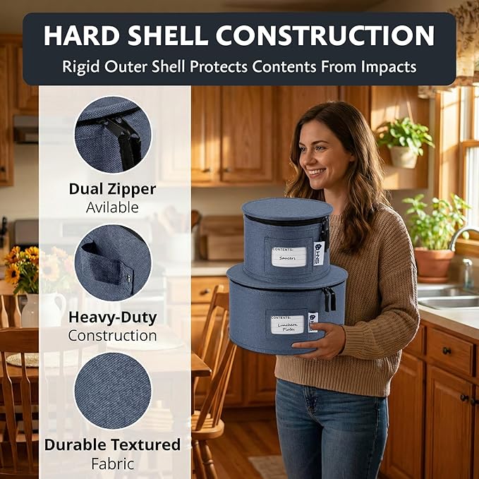 China Storage Hard Shell Containers 5-Piece Set Moving Boxes for Dinnerware, Glasses, Plates, Mugs and Saucers Sturdy Dish Organizer with Dividers for Seasonal Storage - Service for 12 - Denim Blue
