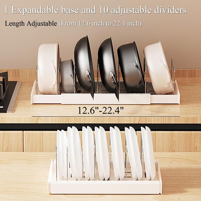 LICRUGU Pots and Pans Organizer Under Cabinet 10 Adjustable Dividers Expandable Pot Pan Lid Holder Organizers Rack inside Cabinet for Kitchen Storage Cookware, Cutting Boards, Lid, Dishes,White
