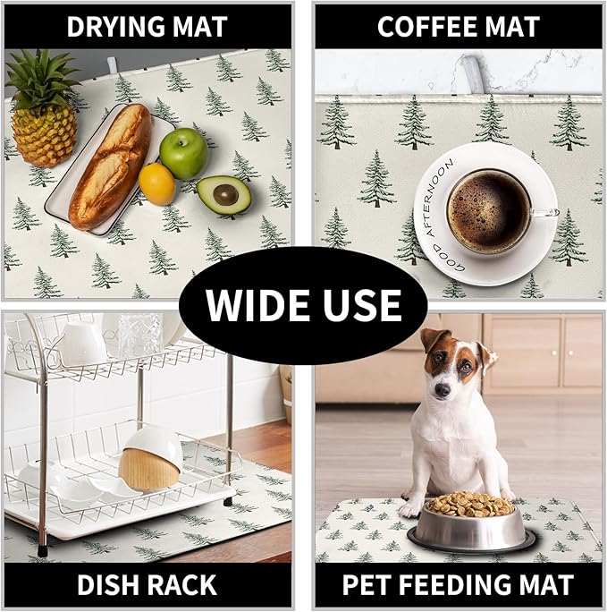 Kwlegh Christmas Tree Dish Drying Mat Winter Xmas Holiday Drying Mats Microfiber Absorbent Dishes Drying Pad Reusable Washable Kitchen Countertop Protector Dish Drainer Rack Mat 16x18 Inch
