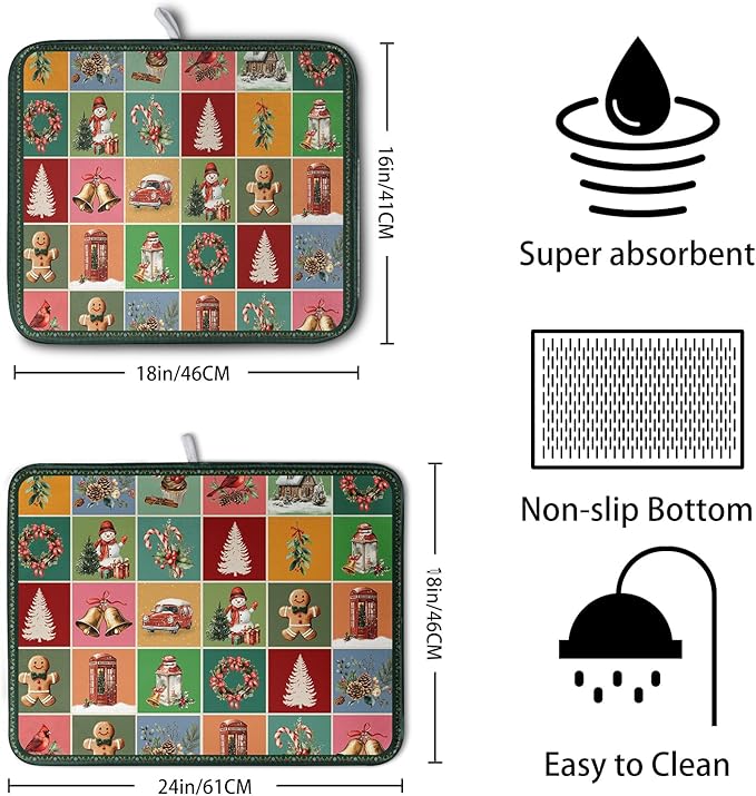 Kwlegh Christmas Dish Drying Mats for Kitchen Counter Cute Xmas Holiday Dish Drainer Pad Microfiber Absorbent Winter Dish Draining Mat Washable Dish Drainer Rack Mat Extra Large 18x24 Inch