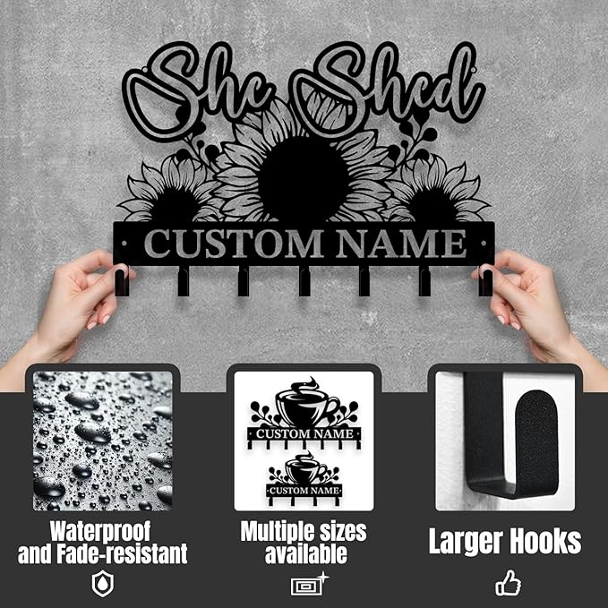Personalized She Shed Metal Keys Hooks,Custom Name Metal She Shed Keys Hooks,Black Metal She Shed Wall Home Storage Decorative Keys Hooks,Key Holder Hooks for Wall (Style A)