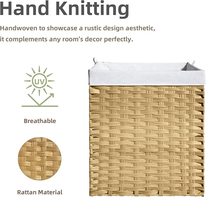 Woven Laundry Hamper with Lid,34 Gal(130 L) Rattan Wicker Laundry Basket 2 Sections with Lid, Removable Machine Washable Line, Large Clothes Hamper with Handles for Bathroom Bedroom, Yellow