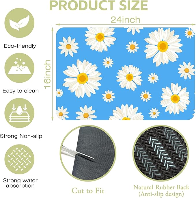 Kitchen Mat White Daisy Flowers Dish Drying Mat 16"x24" Bsorbent Coffee Maker Mat for Sink Dishes or Under Rack Kitchen Counter Accessories Absorbent Hide Stain Rubber Backed Dish Drying Pad