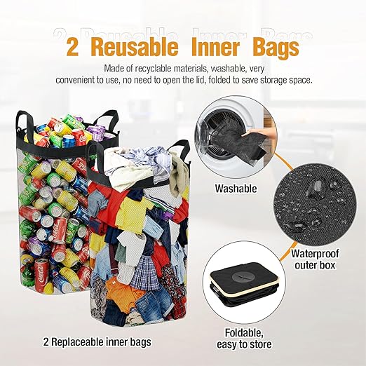 Recycle Trash Can Laundry Hamper with Lid, 100L Large Recycling Bins Laundry Basket Clothes Hamper, 26 Gallon Indoor Recycle Bin with 2 Reusable Inner Bag Bottle Cans Waste Plastice Glass