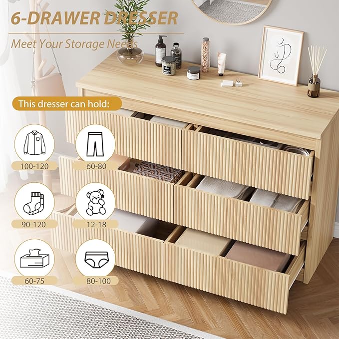 Oak 6 Drawer Dresser for Bedroom, Modern Fluted Dresser, Bedroom Dressers with Drawers, Large Double Wooden Chest of Drawers for Living Room, Hallway