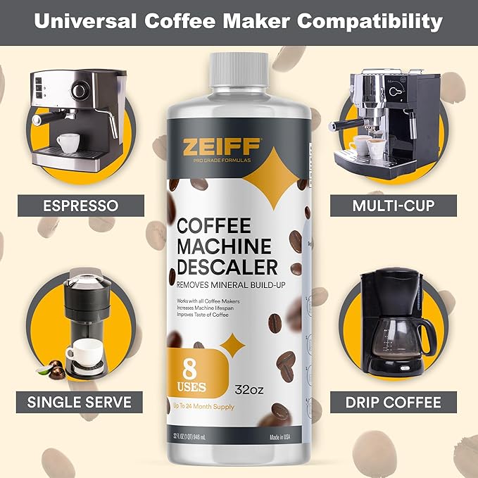 Zeiff Coffee Machine Descaler - 32oz (8 Uses) - Compatible with Nespresso, Breville, Delonghi, Keurig Descaling Solution for Coffee Maker Cleaner and Descaler - Coffee and Espresso Machine Descaler